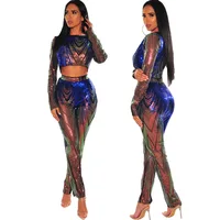 

CD8242 - women casual sequin bodycon pants and long sleeve crop top two piece outfits