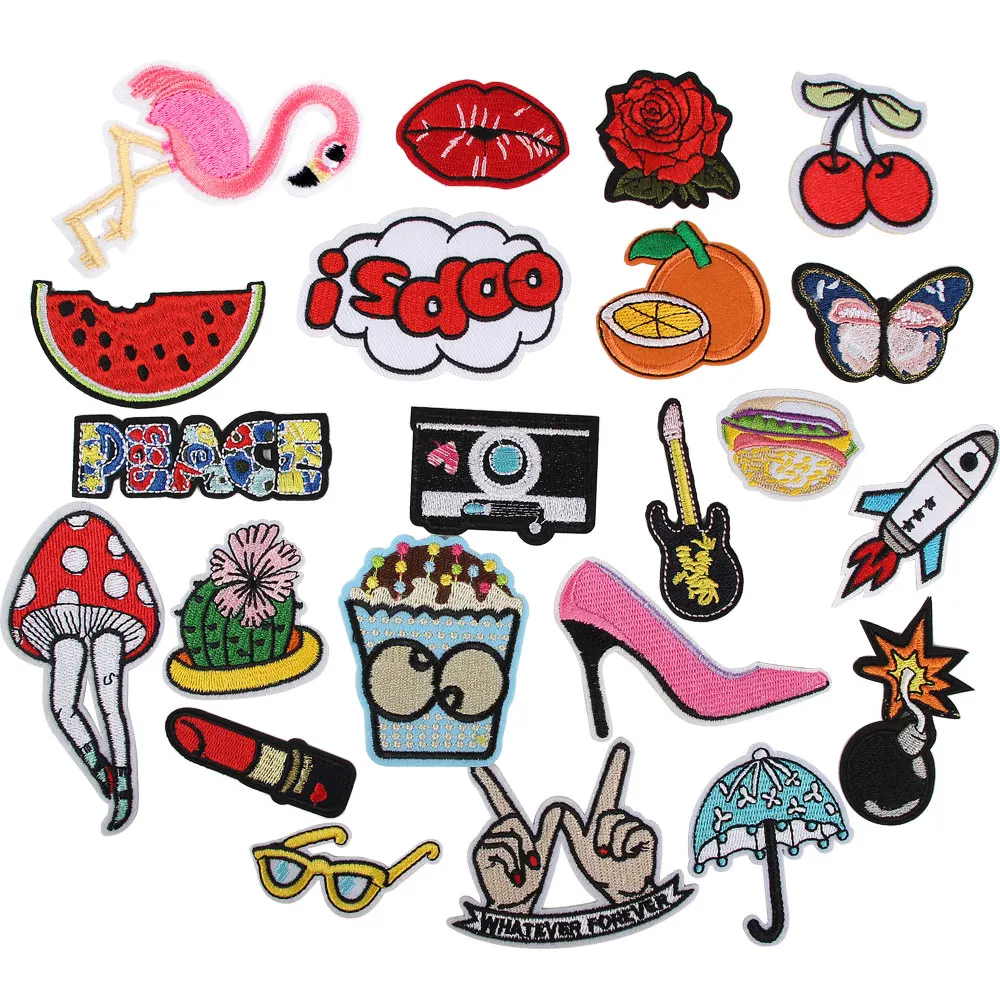 

22pcs Approx  Embroidery Aircraft Lip Glasses Flower Fruit Iron on Patches For Clothing Jeans DIY Stickers Appliques Badge, As the picture shows