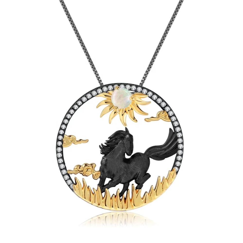 

Abiding Gold Plated Horses 12 Chinese Zodiac Jewelry Natural African Opal Gemstone 925 Sterling Silver Custom Pendant Necklace