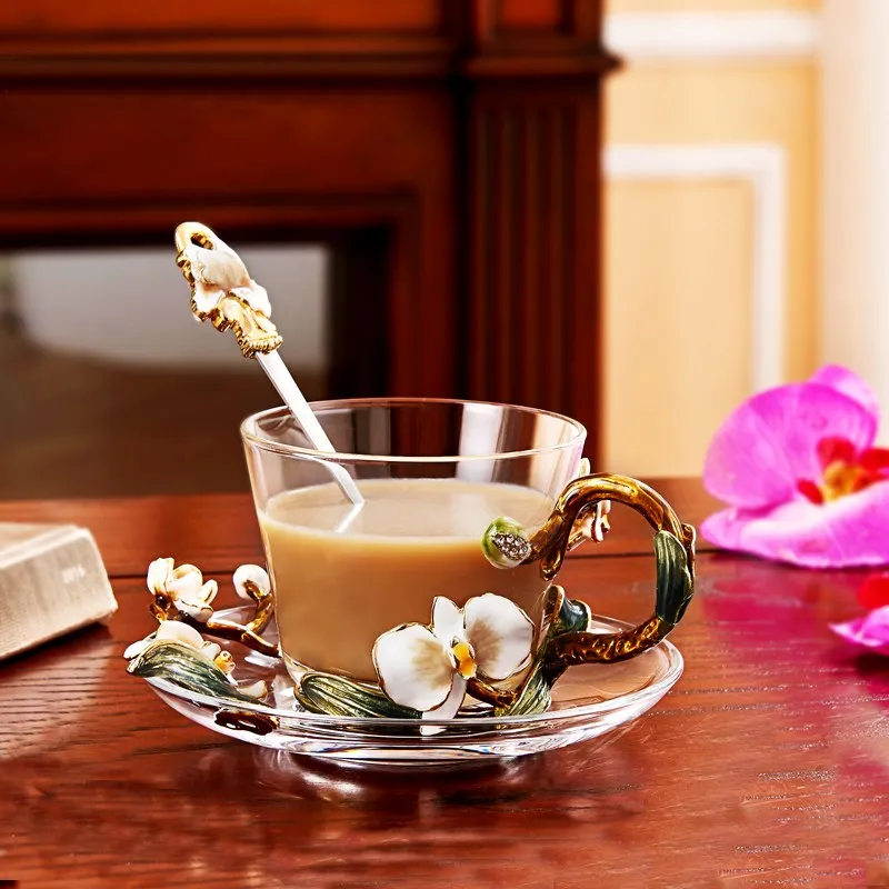 

NOSHMAN Best Selling Birthday Gift Handmade Flower Coffee Cup Tea Mug Plate Set Crystal Clear Enamel Glass Cup, Crystal clear transparent