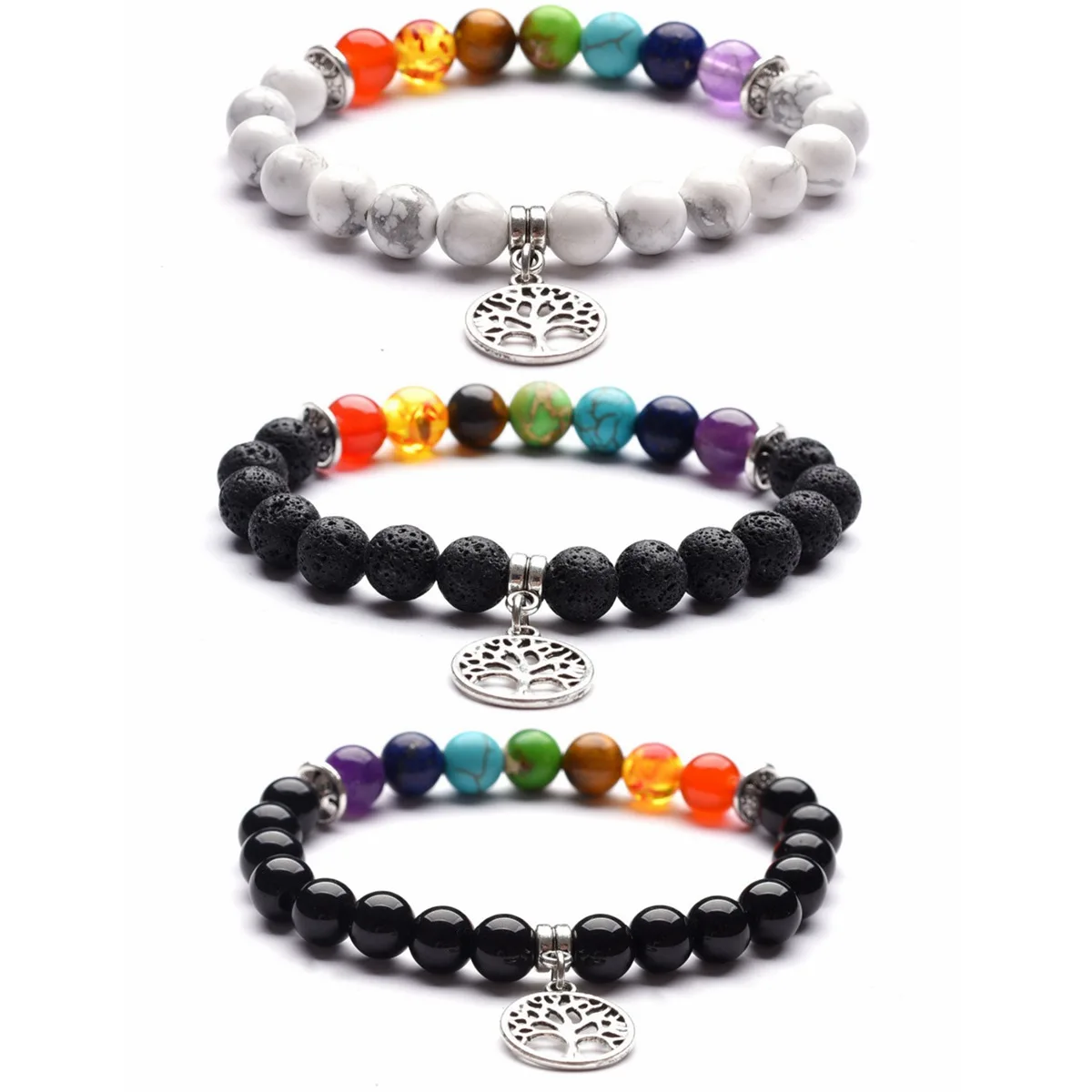 Buddhist 7 Chakra Bracelet Natural Gemstone Bracelet Adjustable with Alloy Life Tree Pendant the Best Friendship Gift