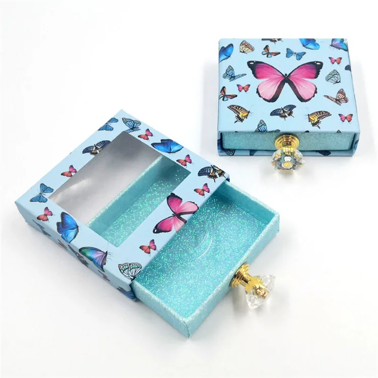 

butterfly pull out eyelash case with handle square blue mink lashes box container