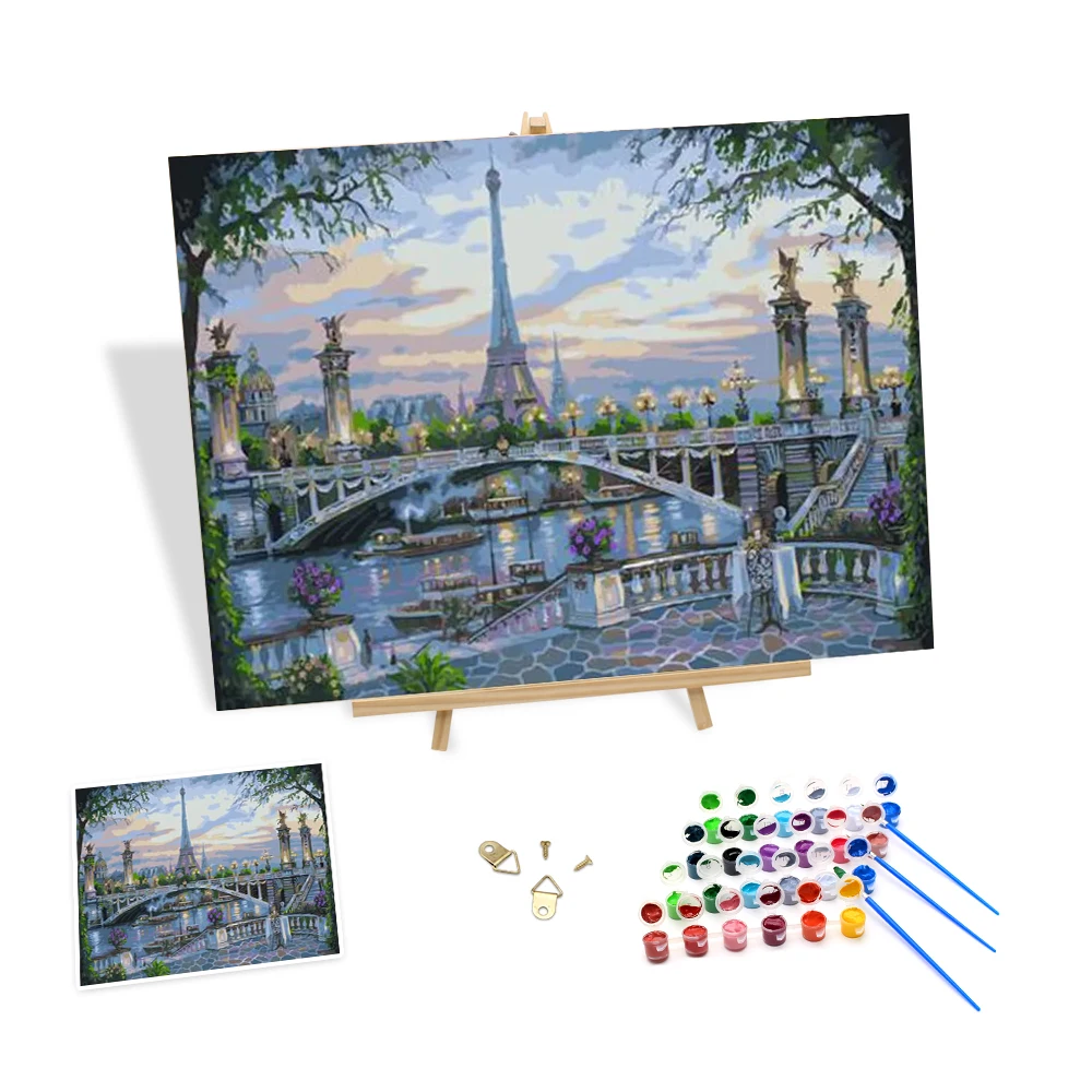 

French Style Painting by Numbers Art Scenery the Bridge and the Eiffel Tower Hand-painted Canvas Paint by Numbers Kits