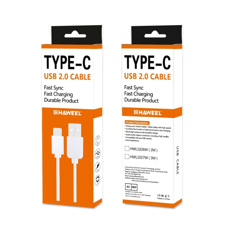 

Wholesale Price Original HAWEEL 2m USB-C / Type-C to USB 2.0 Data Charging Cable Mobile Phone Charging Cable