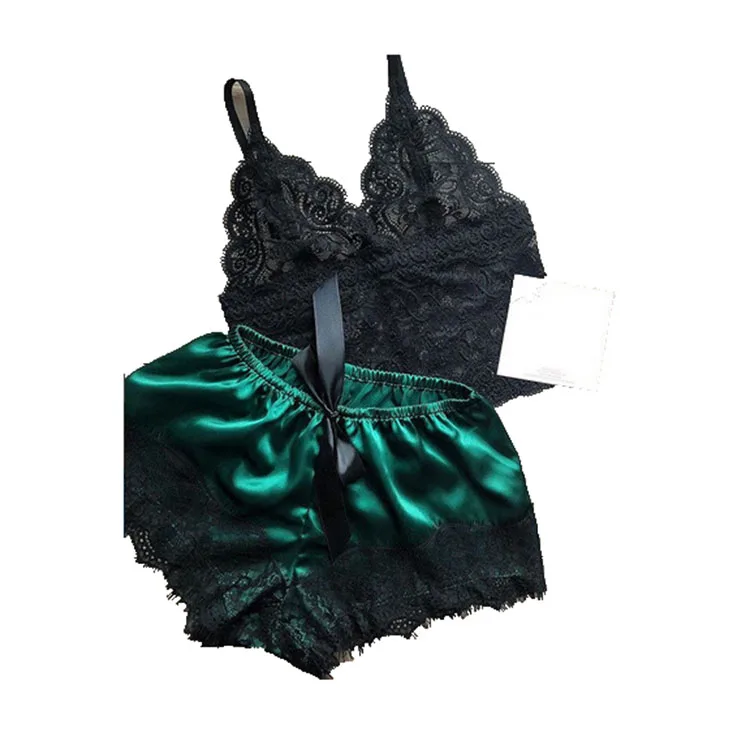 
Sexy lace satin lingerie two piece set women pajamas sleepwear 