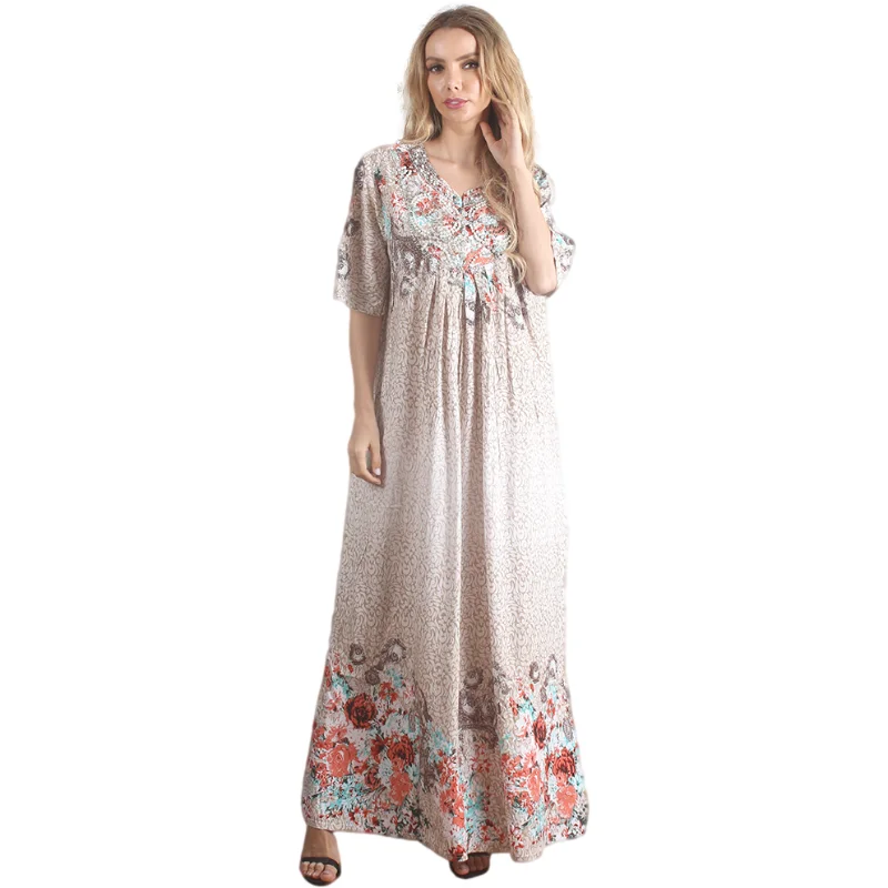 

V-neck maxi floral extra large size dresses casual short sleeves arabic abaya lady sequin Long Printing kaftan dress
