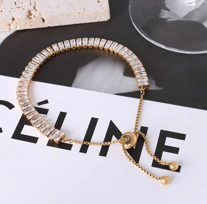 

Fashion Stainless Steel Zircon Tennis Chain Bracelet Hip Hop Jewelry Gold Silver Material Men Cz Bracelet Iced Out