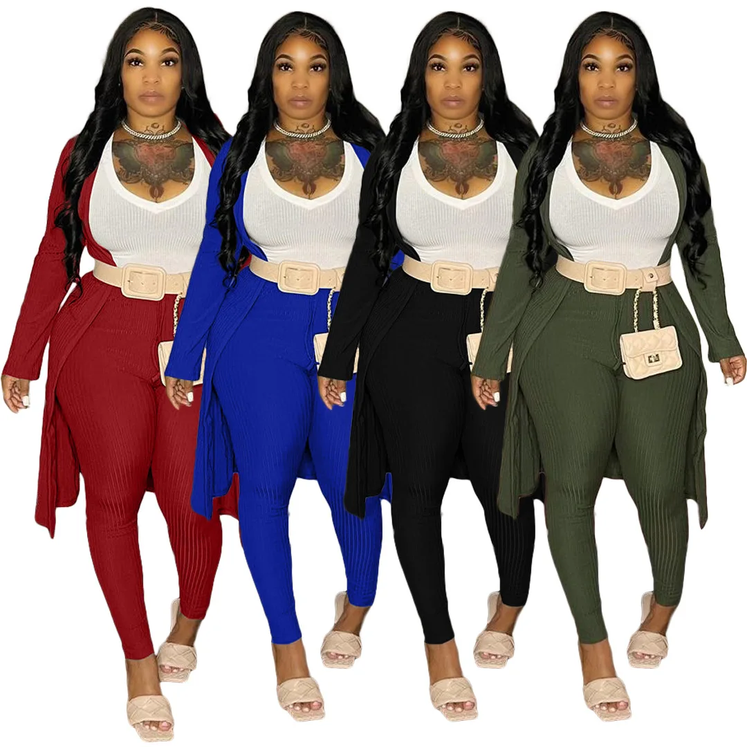 

2021 New Arrivals Fashion Women V-Neck T-shirt Long Sleeve Cardigan Slim Pants 3 Piece Set Ribbed Outfit Suit, Picture show