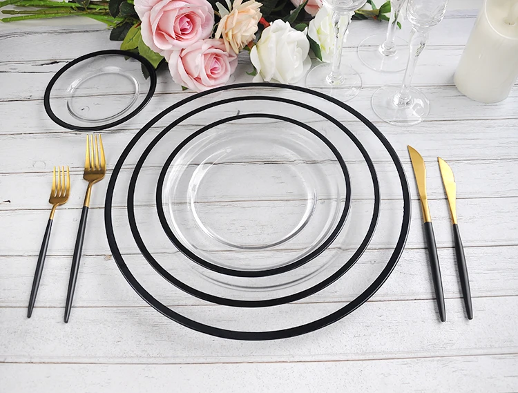 Wholesale Restaurant Decor Clear Full Glass Dinner Plate Sets Black Rim Of 4 Buy Wholesale