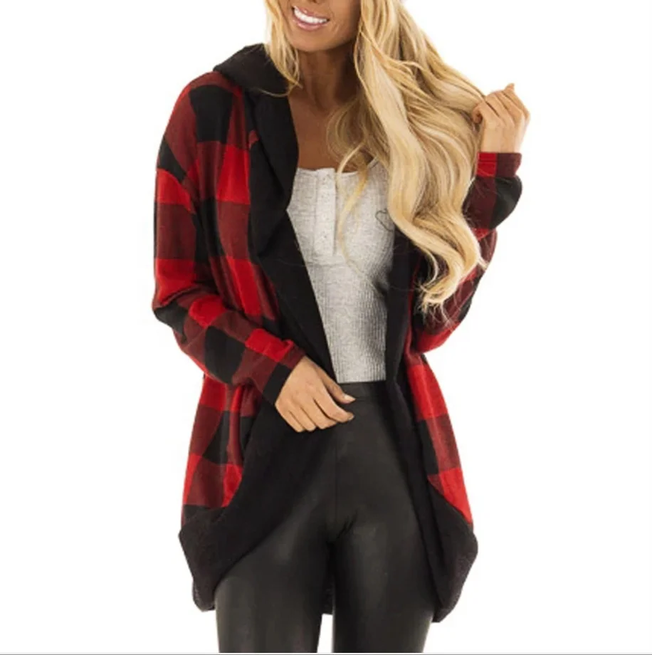 

Wholesale Monogram Women Casual Loose Plaid Longline Cardigan, Long Sleeve Checked Hooded Coat, Picture&accept customized