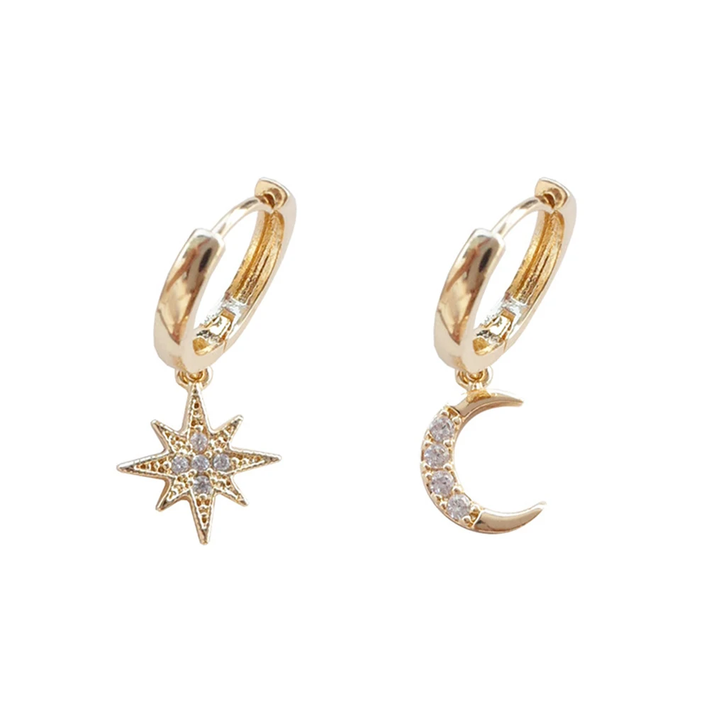 

Fashion Dainty Moon And Star Huggie Dangle Zircon Gold Plated Statement Silver Drop Stainless Steel Earrings For Woman