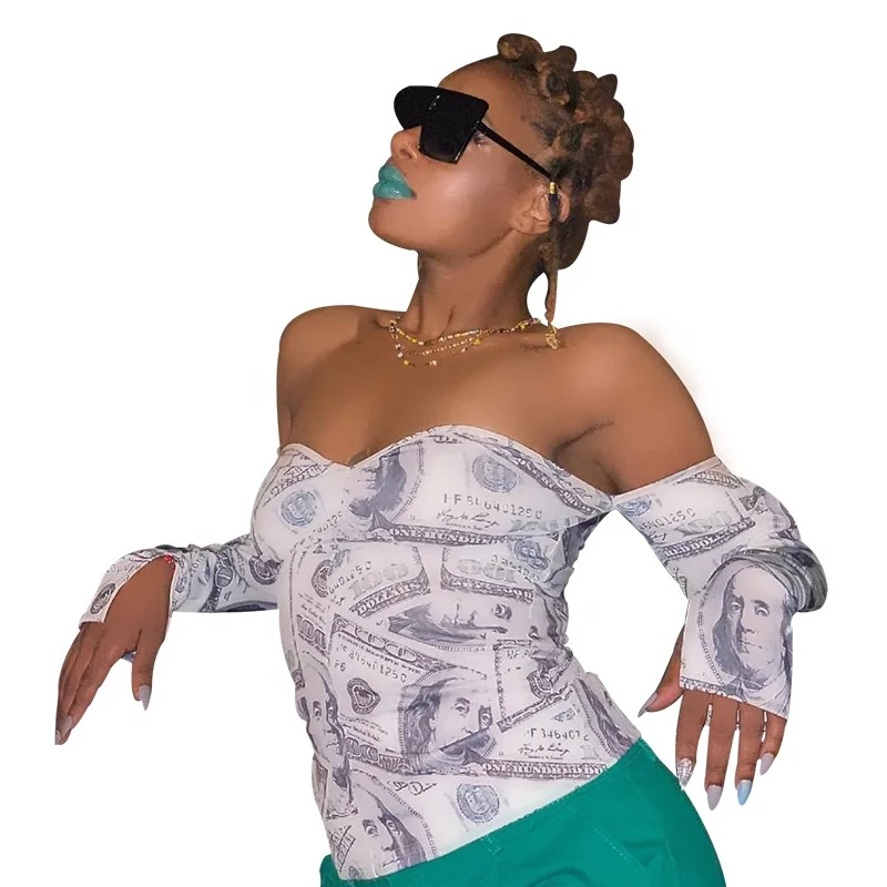 

New Design Fall 2020 Top Top Fitness One-shoulder Dollar Print Open Back Slim Woman Tops Fashionable, As picture or customized make