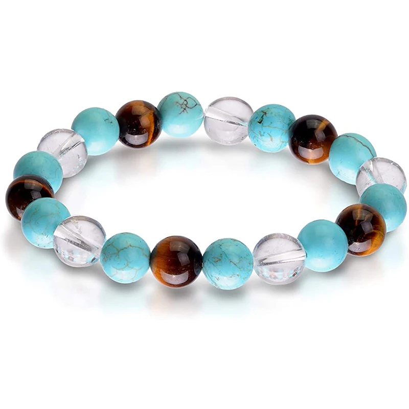 

10mm Fashion Brown Tiger Eye Blue howlite Turquoise Clear Quartz Gemstone Beads Personality Handmade Jewelry Bracelet for Gifts, Natural color as photo shows