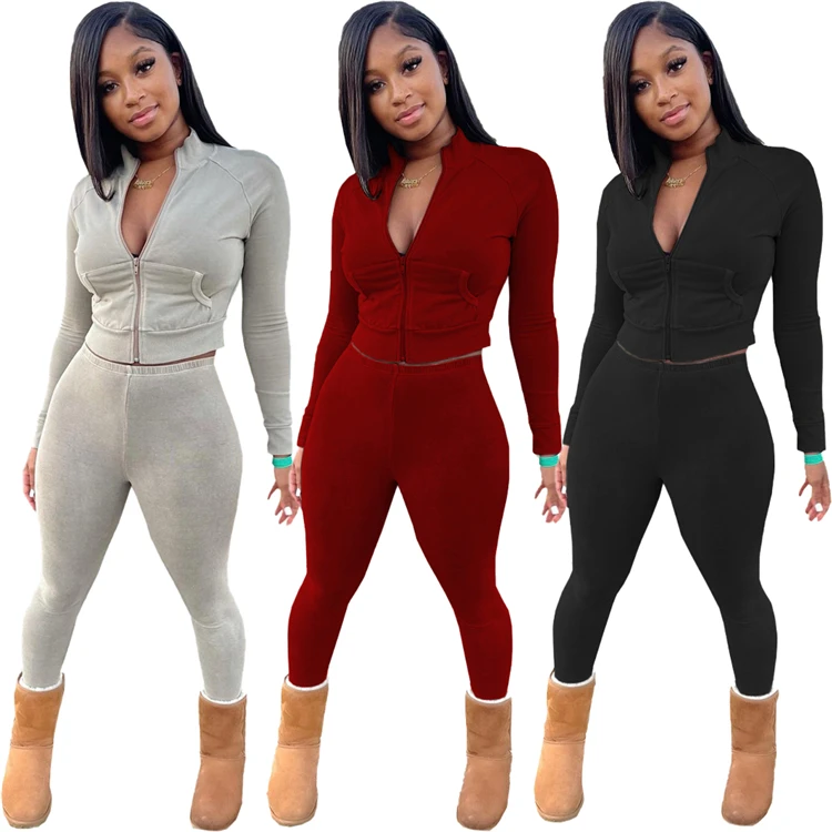 

EB-20111104 Popular Ladies Outfits Long Sleeve Zipper Tops Pocket Fall Women Two Piece Pants Set, Picture shown
