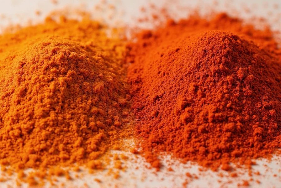 Close-up comparison of coarse and fine gochugaru chili powder showing texture differences