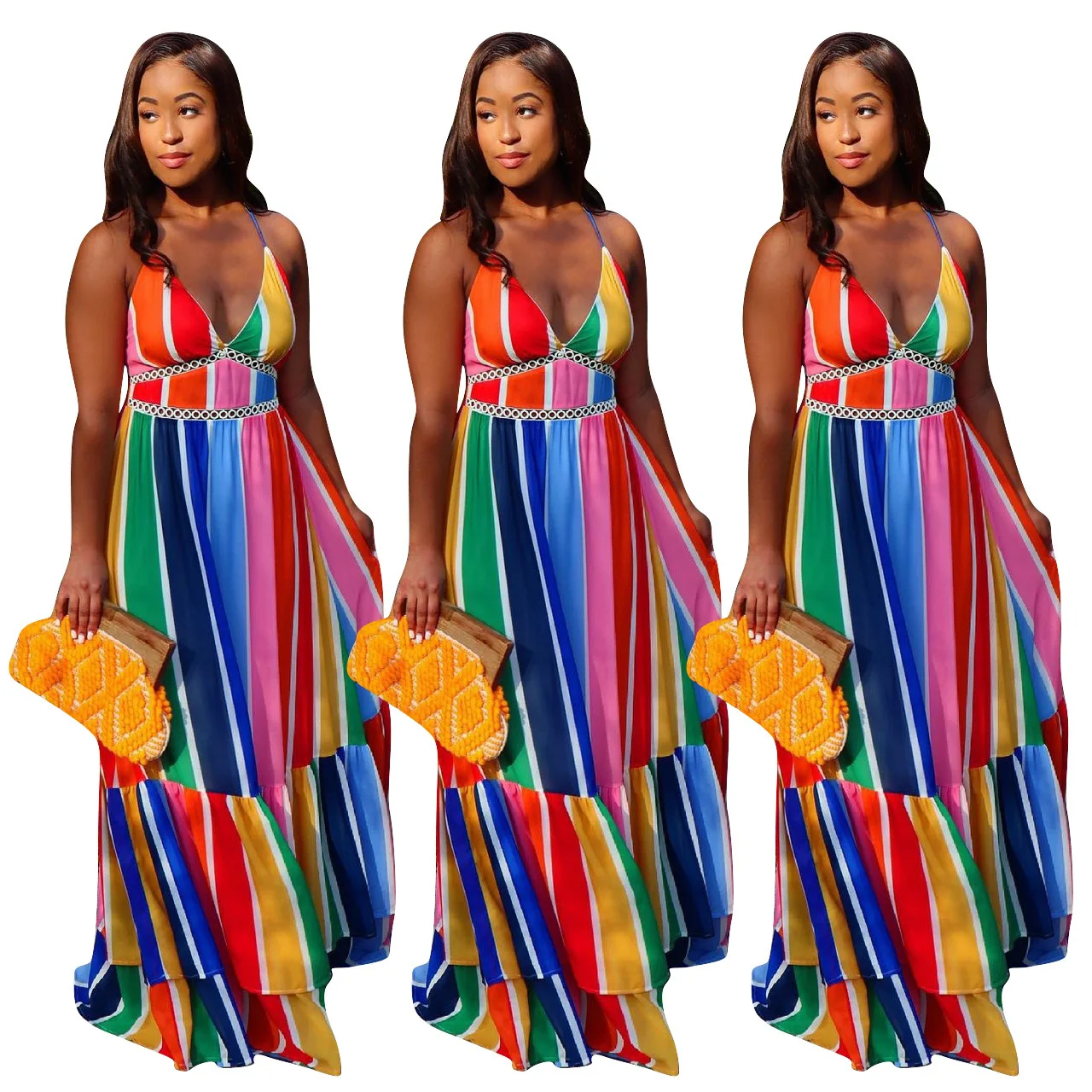 

Fashion hot style rainbow stripe printed suspenders skirt summer sexy long dress 2021 party wearing