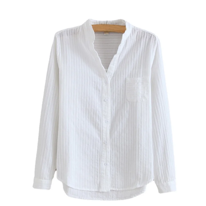 

Hot Sale Fashion Cotton Shirt High Quality Women Clothes Casual All-match Office Lady Tops Long Sleeve Button Solid White Blouse