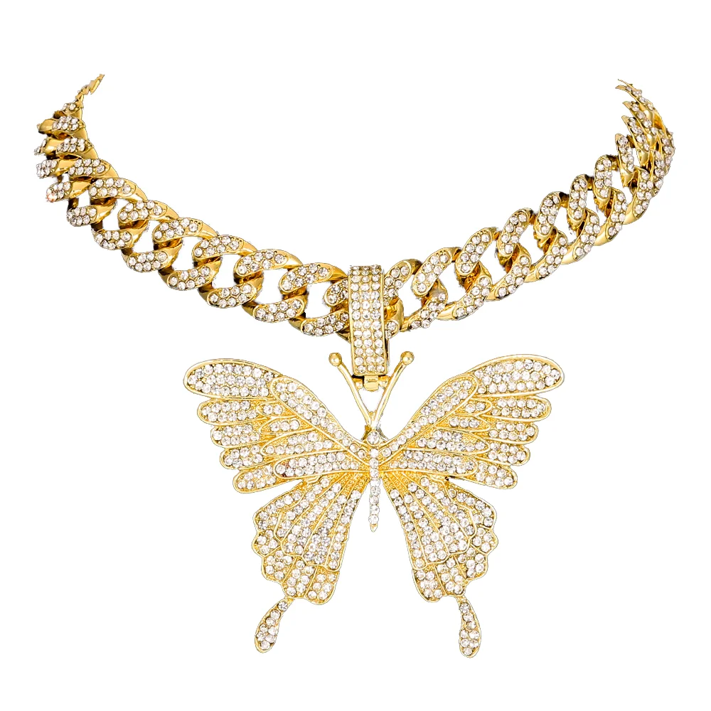 

Men Hip Hop Iced Out Bling Butterfly Pendant Necklace With Cuban Chain Necklaces Fashion Charm Jewelry