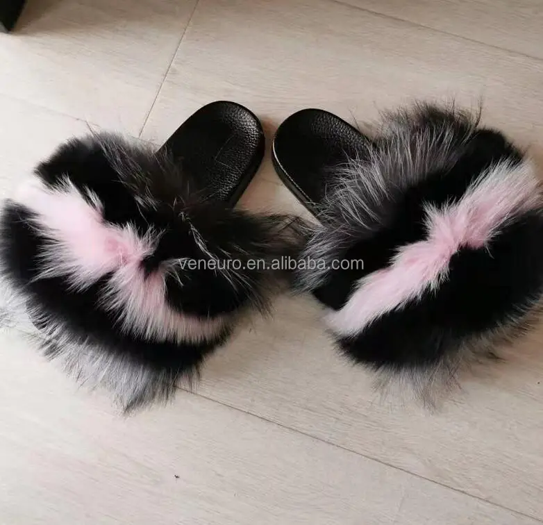 

Wholesale real fur slippers flush soft raccoon fur slipper outdoor slider sandals fox fur slides for women, Customized color