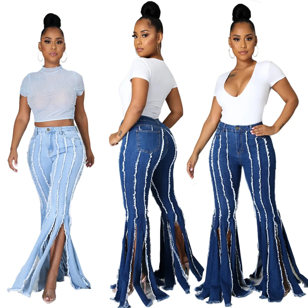 

Fashion Stretchy Tassue Bellbottom Luxury Summer Hight Waist Flare Jeans Pants High Grade African Jeans Taille Haute Pour Femmes