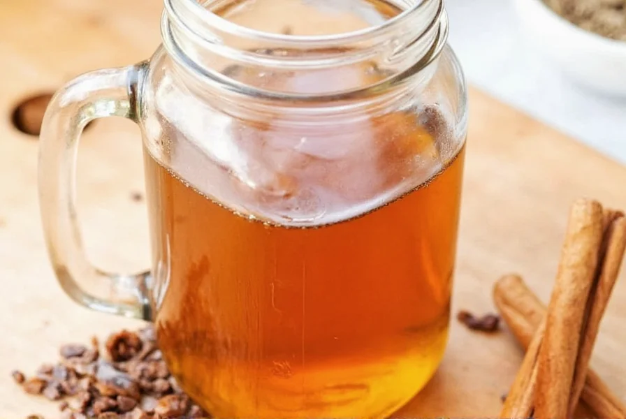 Glass bottle of cinnamon simple syrup next to cocktail shaker and cinnamon sticks
