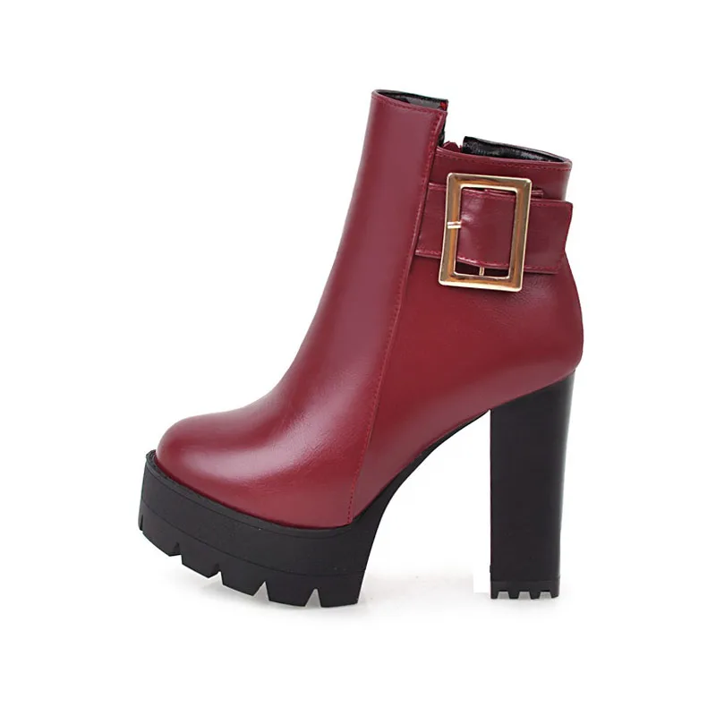

Europe Stylish Round Toe High Heel belt buckle Platform Waterproof Ankle Boots, Black/white/red