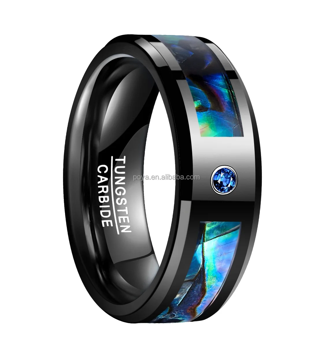 POYA 8mm Beveled Edges Black Tungsten Abalone Shell Inlay Ring Blue Sapphire Stone Wedding Band for Men