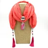 New Polyester Cotton Ceramic Bead Jewelry Necklace Ethnic Wind Scarf Alloy Flower Pendant Foreign Trade fringed Scarf