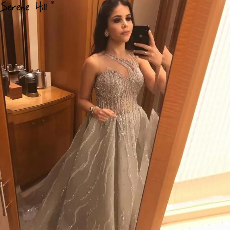 

Grey Luxury Sleeveless A Line Arabia Style Nights Prom Dress Long Party Wear Evening Gowns 2020 Wimen Serene Hill LA70268