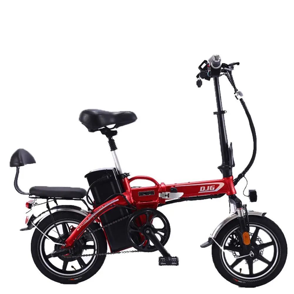 

Small and cute folding e-bike 240w 48v 8ah motorbike 14 inch electric bicycle with 2 seats double disc brake front and rear bike