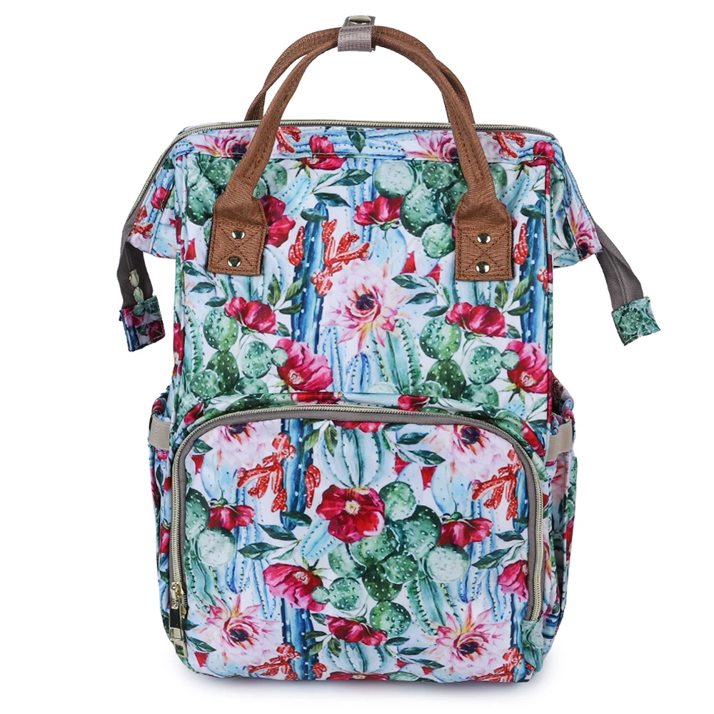 

New Canvas Large Capacity Cactus Flower Multi-pocket Fashion Leisure Travel Baby Diaper Backpack for Mummy Maternity, Photo