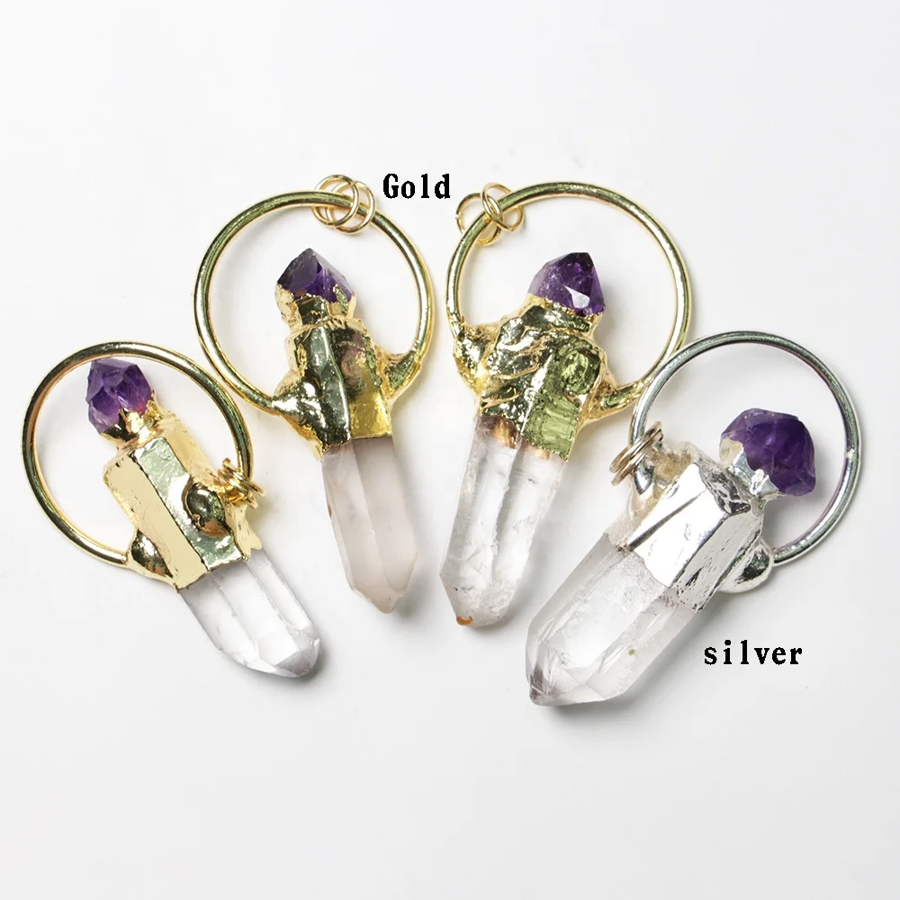 

LS-A296 high quality natural double point crystal charm pendant delicate gold plating amethyst quartz jewelry hot selling, Clear