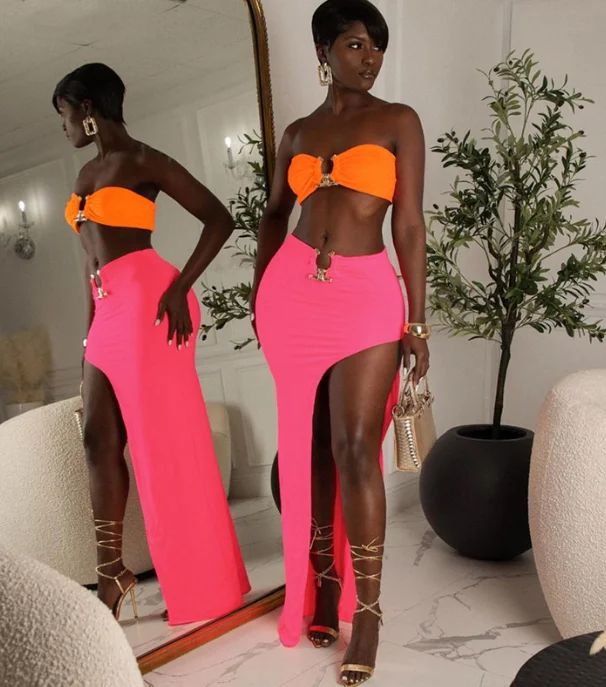 

Summer sexy club party vacation skirt outfits 2022 women fashion tube crop top with side split maxi skirt two piece set