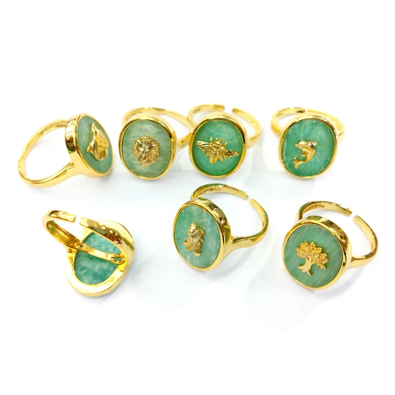 

Natural Amazonite Stone Ring Jewelry Birthstone Oval Gemstone Boho Slice Man Jewelry Statement Gold Cuff Adjustable Green Rings