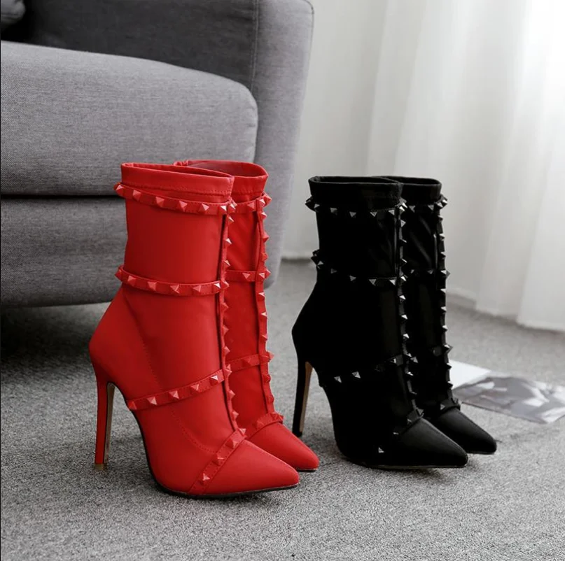 

100930 Sexy solid color women's High Heel Ankle Boots pointed toe rivets, Black red