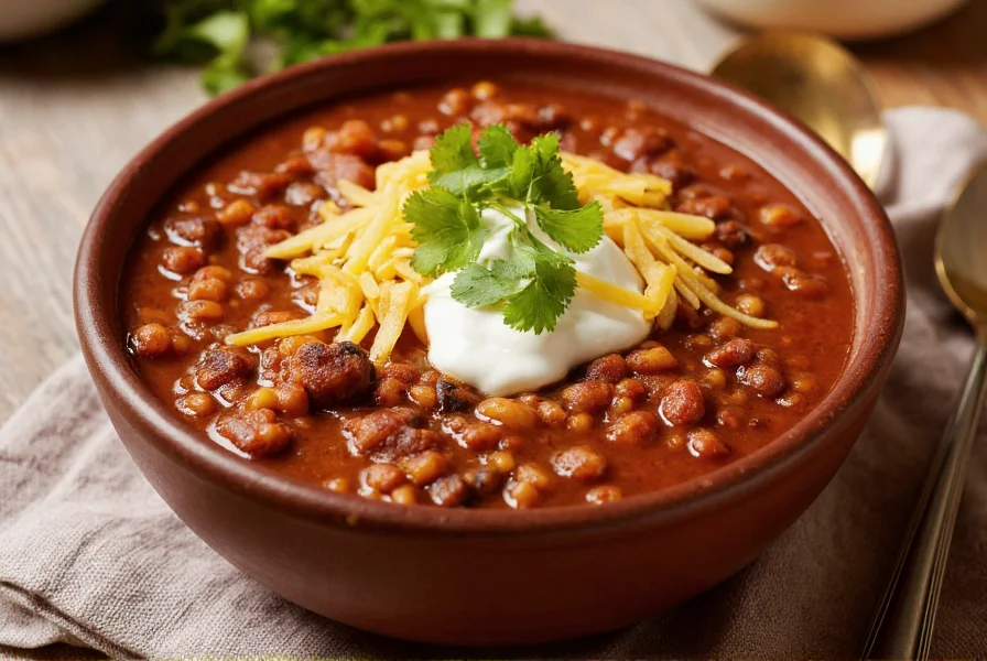 Vibrant bowl of steaming chili with toppings including sour cream, shredded cheese, and fresh cilantro