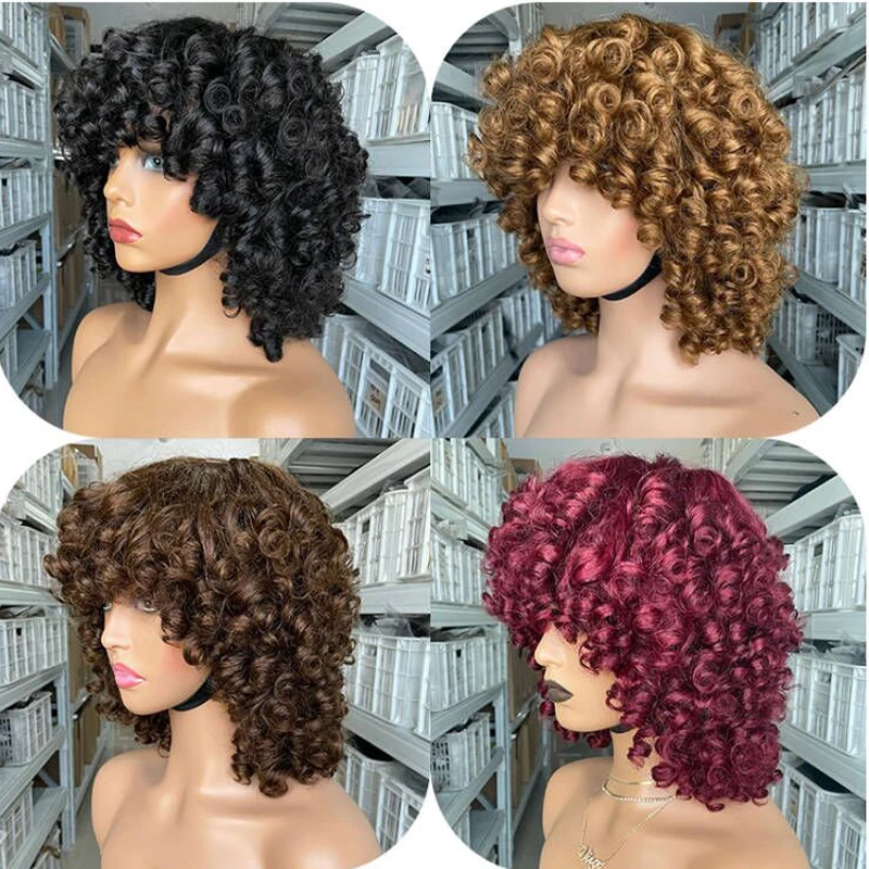 

SDD Super Double Drawn Fringe Wig 8" 200% Density 1b# 2# 30# 99j# Color Short Human Hair Wigs