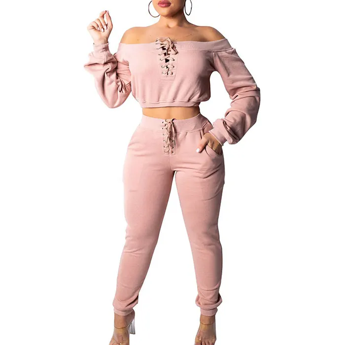 

Women Solid Color Off Shoulder Set Top And Skinny Pants Two Piece Set