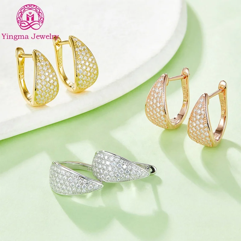 Yingma Luxury Hip Hop Moissanite Huggie Earrings for Women 925 Silver White/Rose/Yellow Gold Plated for Parties Anniversaries