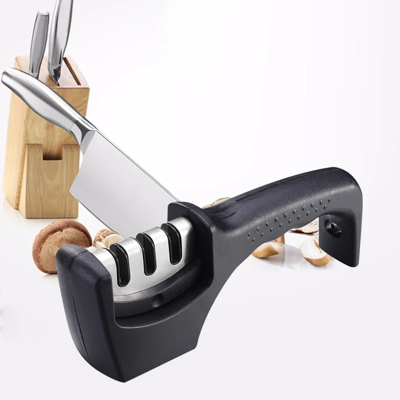 

Small Kitchen Tool Best Quality Stainless Steel Handheld Outdoor Knife Sharpener 3 Stage, Black