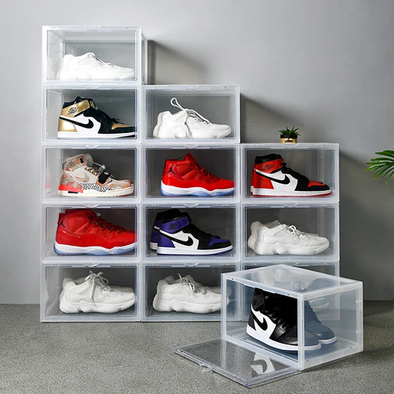 
Side Open Drop Door Steady Stackable Simple Assemble Custom Nike Sneakers Foldable Clear Shoe Storage Box With Magnetic Door 