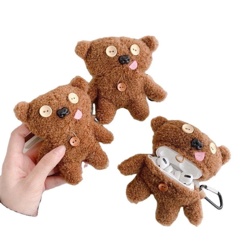 

Fluffy Cute Plush Buttons Bear Cases For Airpods Pro Earphone Charge Case Soft Fuzzy Headphones Protective Cover