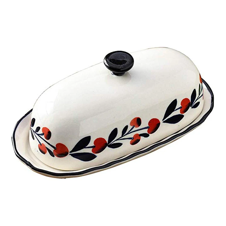 
custom logo color glazed porcelain ceramic butter keeper with lid 