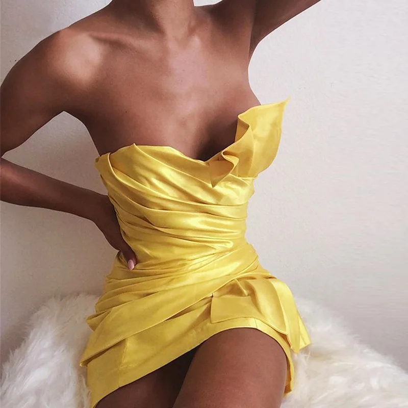 

DS-055 Best Selling women strapless Party Fashion Elegant pleated mini sexy evening club dresses
