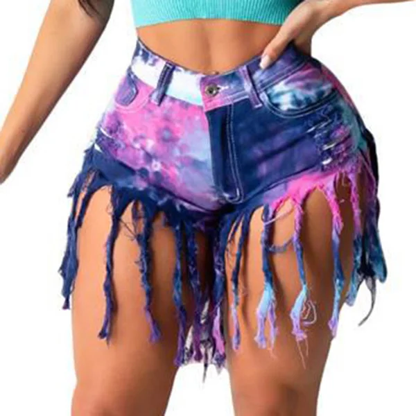 

Latest cheap assorted tie dye wholesale custom booty shorts women fashion shorts for women with tassel short jeans