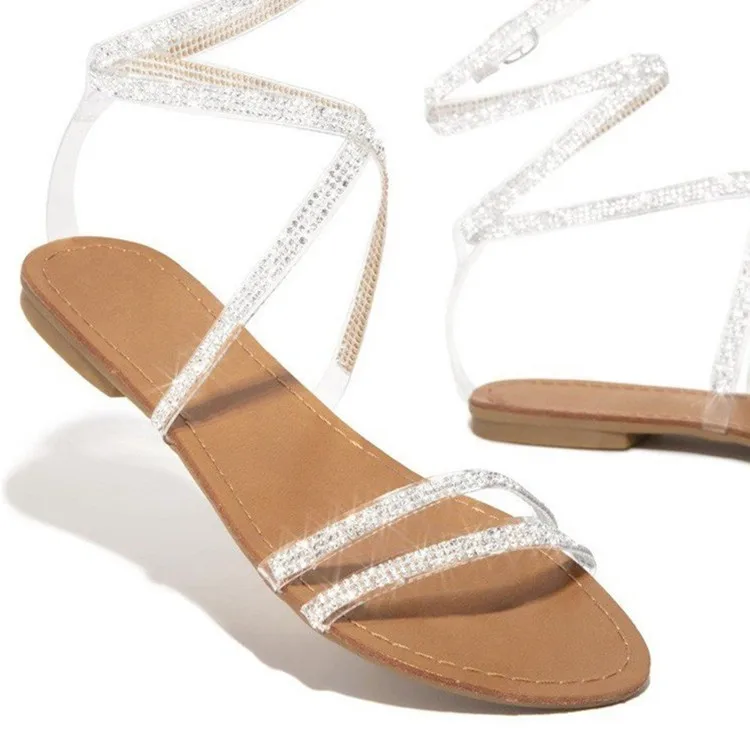 

2021 New Arrival Street Outside Women Summer Shoes Rhinestone Ankle Wrap Cross Strap Open Toe Womens Sandals Flat Casual Bling