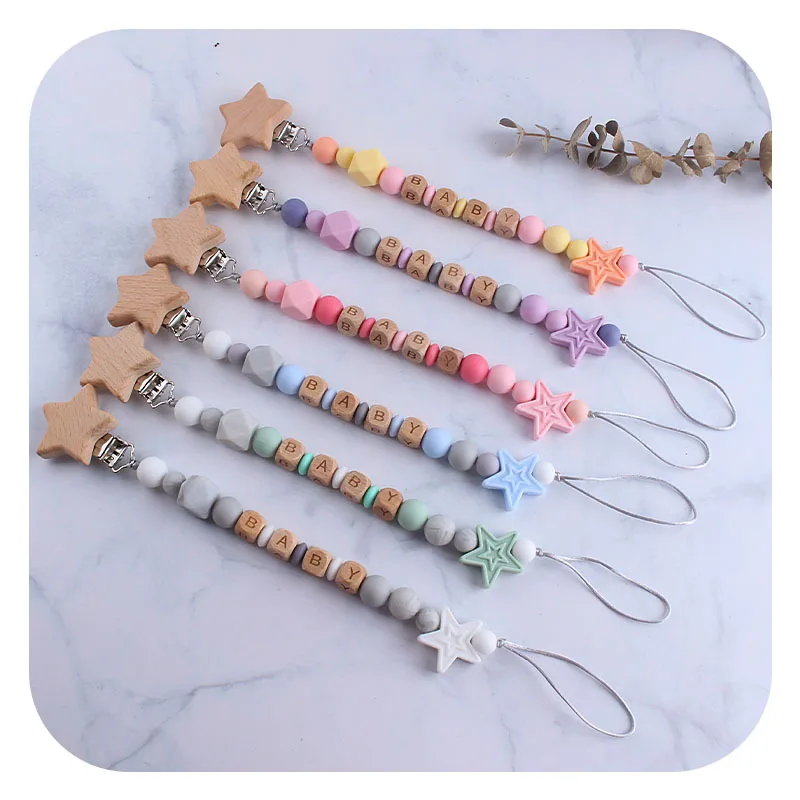 

Ins New Silicone Wood Beads Stars Baby Pacifier Clip Teething Silicone Star Dummy Clip