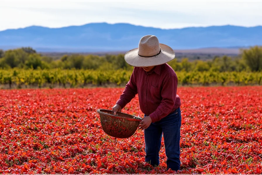 Chimayo pepper farmer harvesting ripe red peppers in traditional field with Sangre de Cristo mountains in background