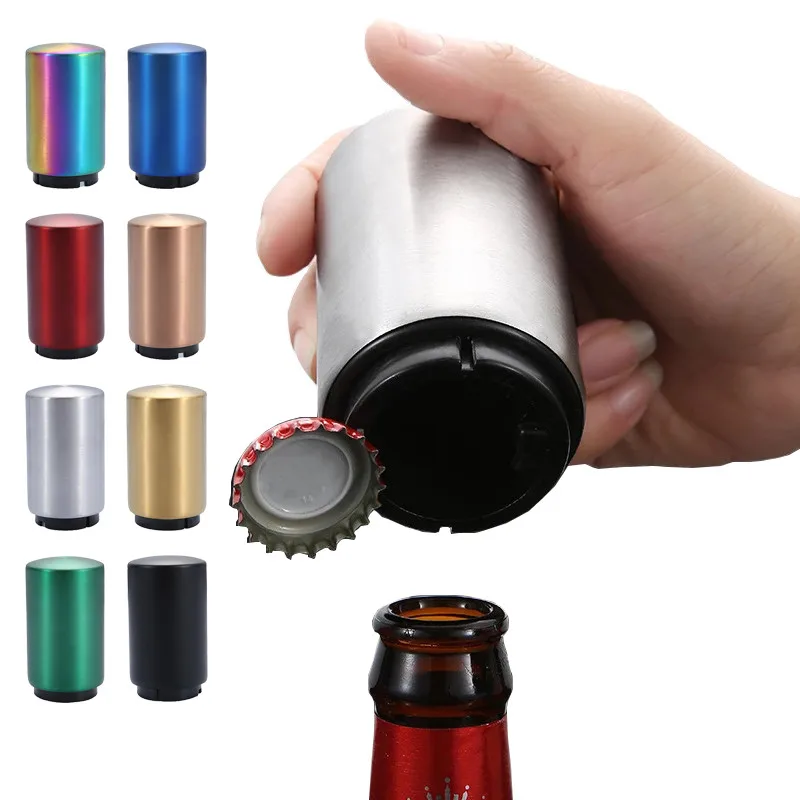 

Custom logos Glasses Stainless Steel Cap Catcher abrebotellas openers Aluminium Magnetic Push Down Automatic Beer Bottle Opener, Silver