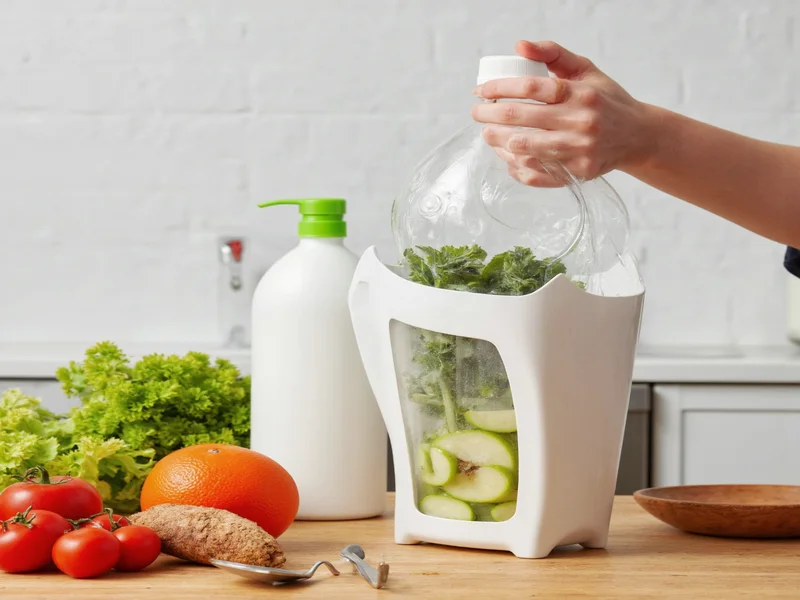 Recycled plastic bottle transformed into functional hopper for kitchen use